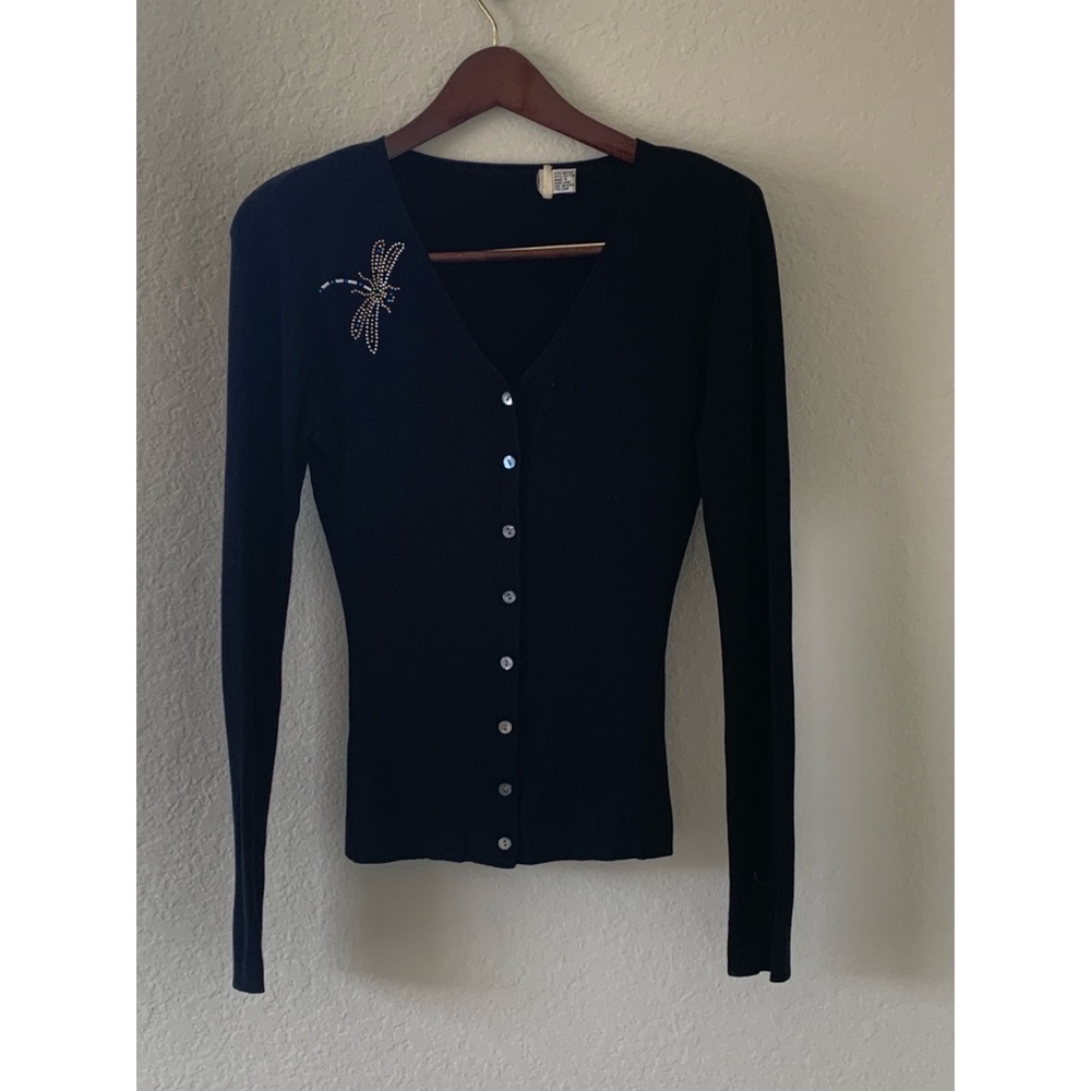 Women’s sweater, black with dragonfly deco.